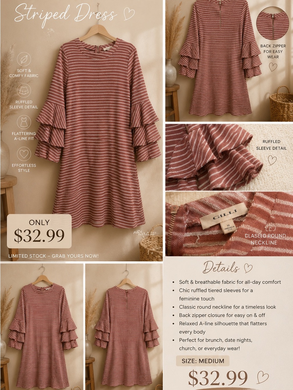 Gilli Mauve and White Striped Ruffled-Sleeve Tunic Dress